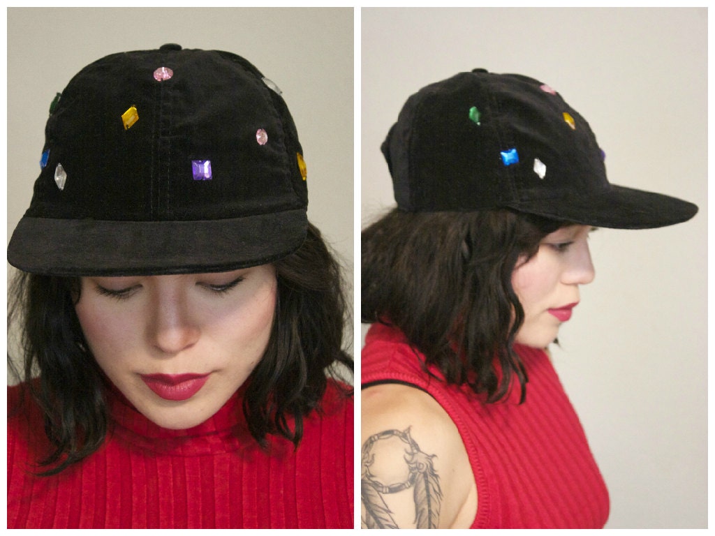 90s Velvet Gemstone Hat / Black Soft Grunge Billed Baseball