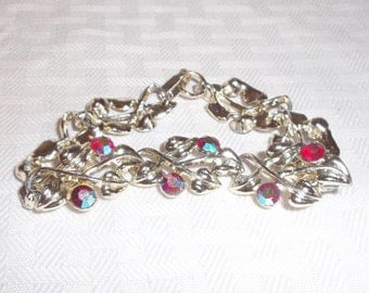 50s 60s Vintage Watermelon Rhinestone Bracelet with Gold Tone Leaves