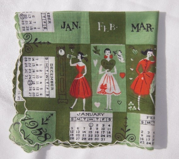 Vintage 1958 Calendar Hankie Every Girl Needs A Holiday