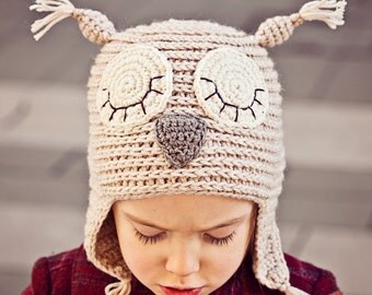 Crochet PATTERN - Sleepy Owl Earflap Hat (sizes baby, toddler, child, adult)