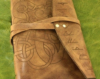 Viking dragon journal with Runes or Runic journal, antiqued leather and lined paper available in this leather bound journal