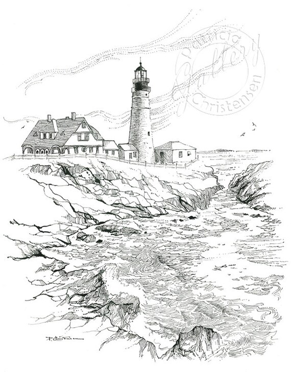 Lighthouse Portland Headlight NEW Pen and Ink Nautical Print