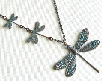Dragonfly Necklace - Teal Copper Patina, Nature Jewelry, Dragonfly Jewelry, Nature Necklace