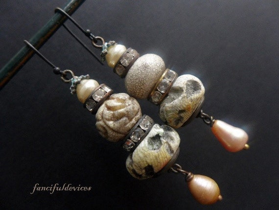 Yuputka. White grungy earrings with rhinestones and polymer art beads.