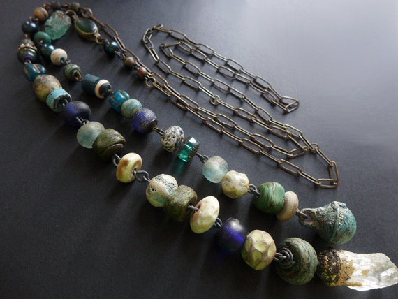 Thaumaturge- A Worker of Marvels. Rustic Victorian tribal assemblage lariat necklace in blues and greens.