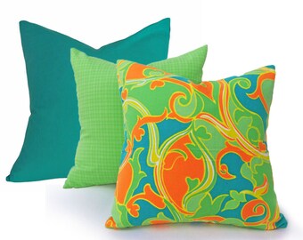 Colorful Retro Pillow Cover, Psychedelic Orange Green Teal Pillow, Unique, Eclectic, Girls Bedroom Decor, 18x18, SALE