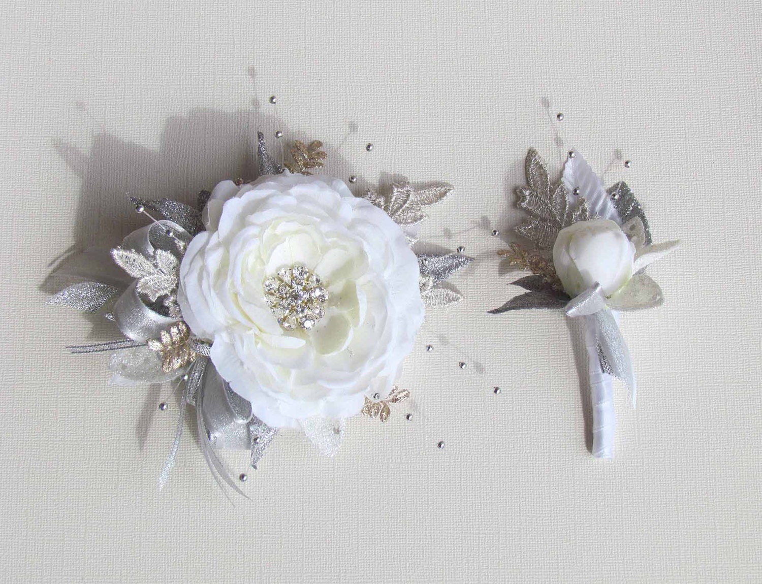 Silver & White Gatsby Corsage and Boutonniere with Silver Lace