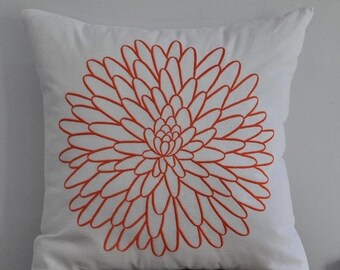 White Orange Decorative Pillow, Throw Pillow Cover, White Linen Orange Floral Embroidery, Accent Pillow, Pillow Case,Couch Pillow, Cushion