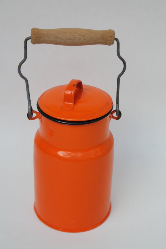 Vintage ORANBGE Enamel Milk Jug with lid and wooden handle