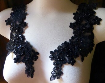 BLACK Beaded Lace Applique PAiR for GRAD, Lyrical, Ballet, Bridal, Headbands, Costume Design PR 612bl