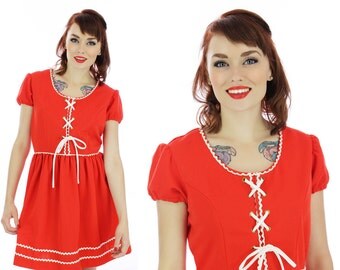 Mod Babydoll Dress 60s Mini Dolly Sixties Corset Lacing Bodice 1960s Puff Sleeves Empire Waist 70s Retro S M Small Medium
