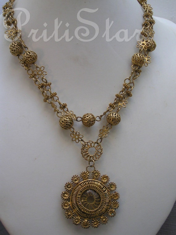 Vintage Necklace . Philippines Tambourine .Gold Gilt Filigree