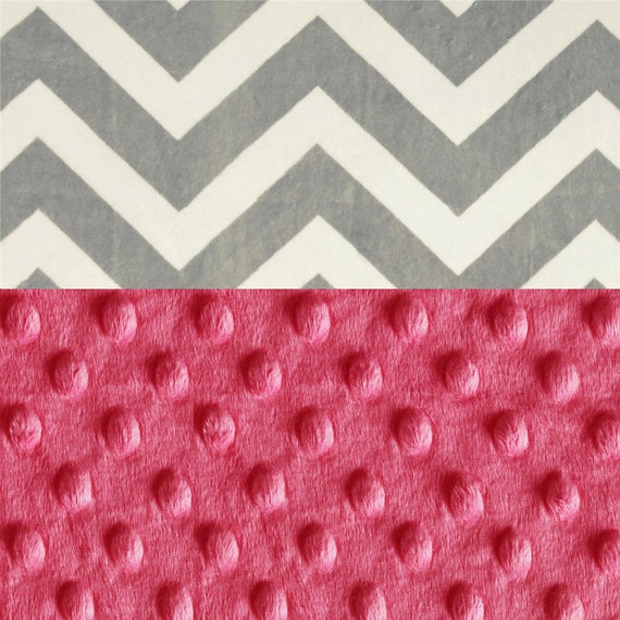 Gray Chevron Minky Baby Blanket, Personalized Pink Fuchsia & Silver Gray Chevron Stroller Girl - Nursery Decor Girl / Baby Shower Gift