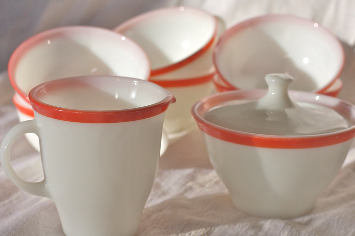 Milk glass tea set,cremax glass,pyrex milk glass tea cups,orange and