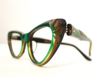 Rare Vintage 50s Emerald Green and Honey Dipped Carved Cat Eye Frames Rare Women's Eyeglasses or Sunglasses Never Used