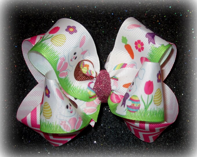 Easter Bunny Hair Bow, Pink Chevron Hairbow, Easter hairbows, Easter Basket Hairbow, Easter Egg hairbow, Boutique Hairbows, Girls Hairbows