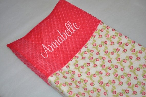 CHANGING PAD COVER - Monogrammed Ambleside Shabby Chic Rose & Minky Dot Contoured Changing Pad Cover