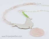 Spring Rose necklace - carved rose quartz, vine etched sterling silver, peridot, pink freshwater pearls, gemstone, pink, green