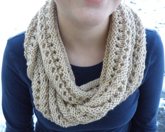 Eyelet Infinity Cowl Hand Knit Scarf in Wheat G2P925