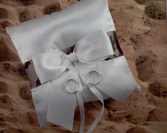 Camo Camouflage Military Ribbon White Satin Bow Wedding Ring Bearer Pillow