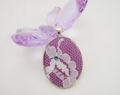 Lace Pendant Necklace Purple Oval Silver, Painted with Teal Swarovski Crystal, Womens Shabby Chic Trending Jewelry