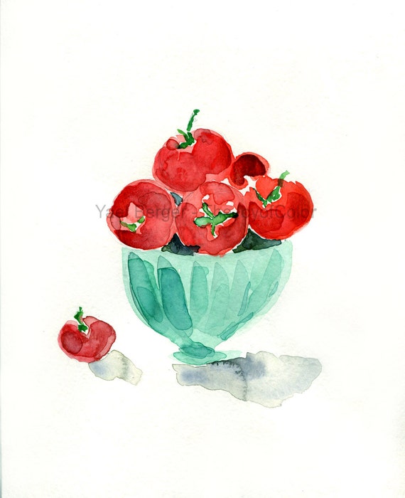 Tomatoes in mint bowl art print, watercolor painting, mothers day, kitchen art, tomatoes print,vegetable art, still life tomatoes