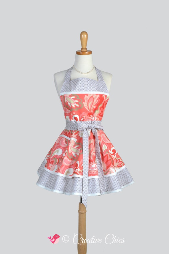 Ruffled Retro Apron . Cute Sassy Womens Retro Apron in Coral Paisley and Taupe Print with Coordinating Navy Blue on White Dot Fabric