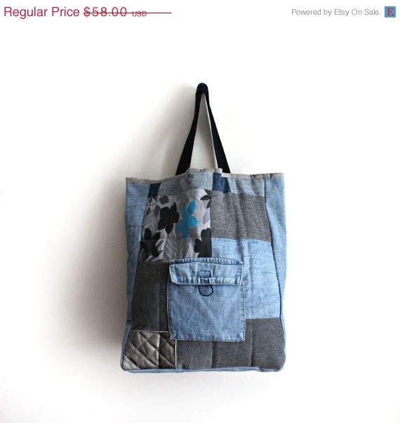 ON SALE Large Tote Bag- Boho Bag- Denim Bag Oversized Shopper Canvas ...