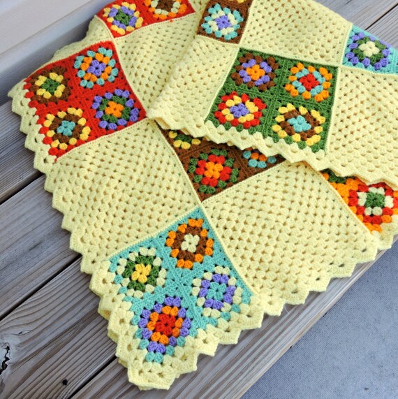 Yellow Vintage Granny Square Afghan / Granny Square Blanket