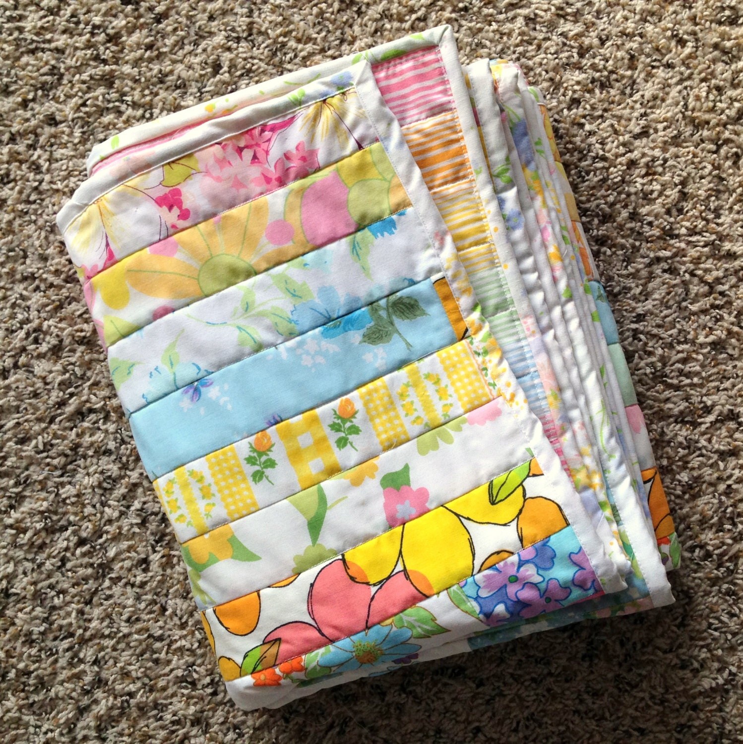Rainbow Floral Jelly Roll Quilt / Vintage by FallingCoconuts