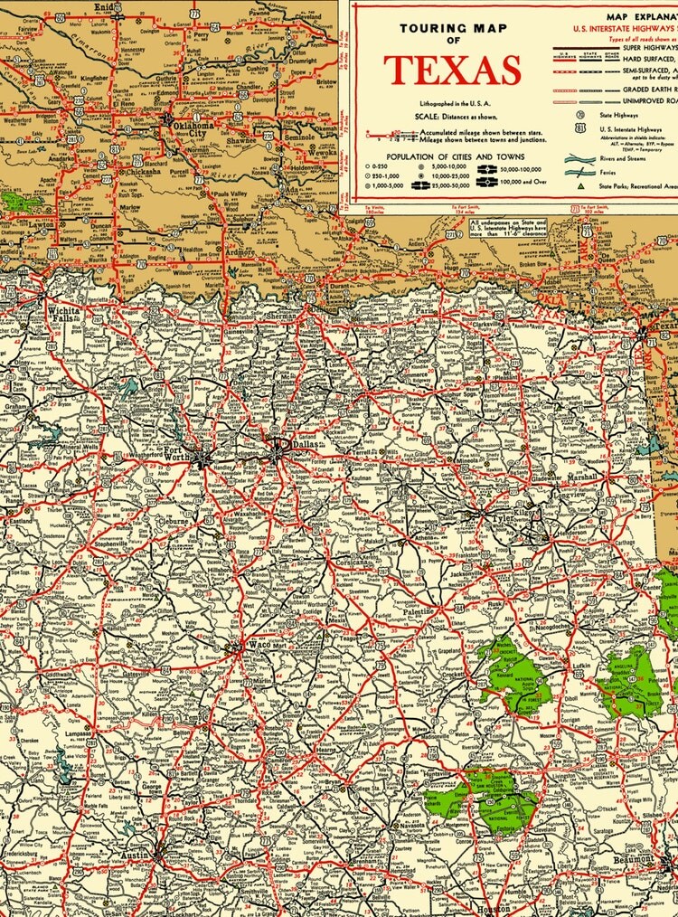 Texas Road Map 1940s Map Poster Vintage Dime Box by NewOldMaps