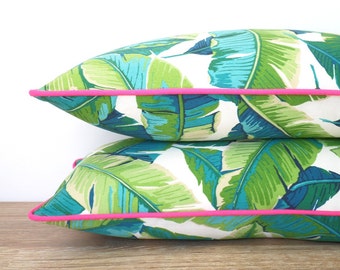 Tropical outdoor pillow cover, palm leaf pillow pink piping, green outdoor cushion palm tree, coastal cushion, pink outdoor pillow