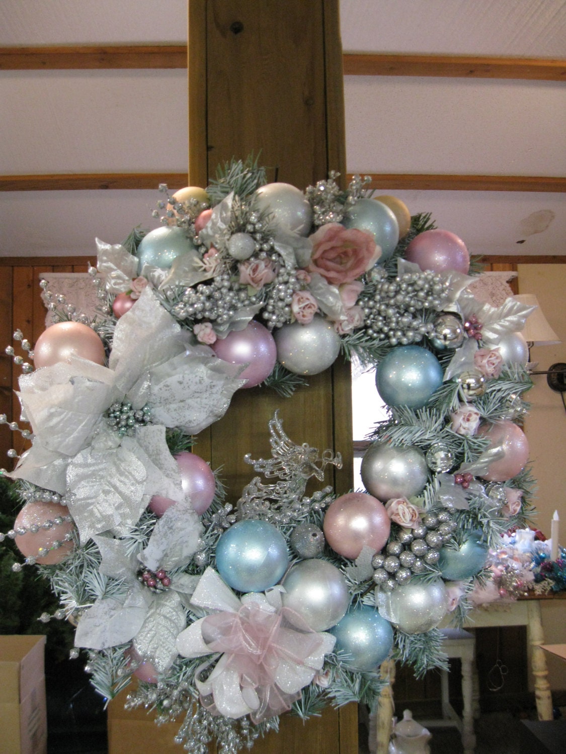 SALE!!! See Below Shabby Chick Victorian pastel wreath in shades of pink, blue, aqua and silver with large silver poinsettias