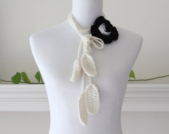 Crochet Black and Cream Lariat scarf, necklace, scarflette