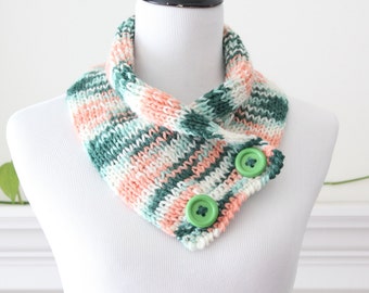 Hand Knit Green Peach Ivory Neckwarmer / Cowl