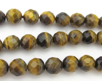 10 Beads - Round faceted Tigers eye gemstone beads 8 mm - GM354