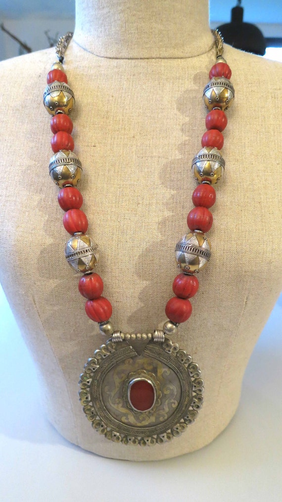 Vintage silver gilded Turkoman pendant beads necklace