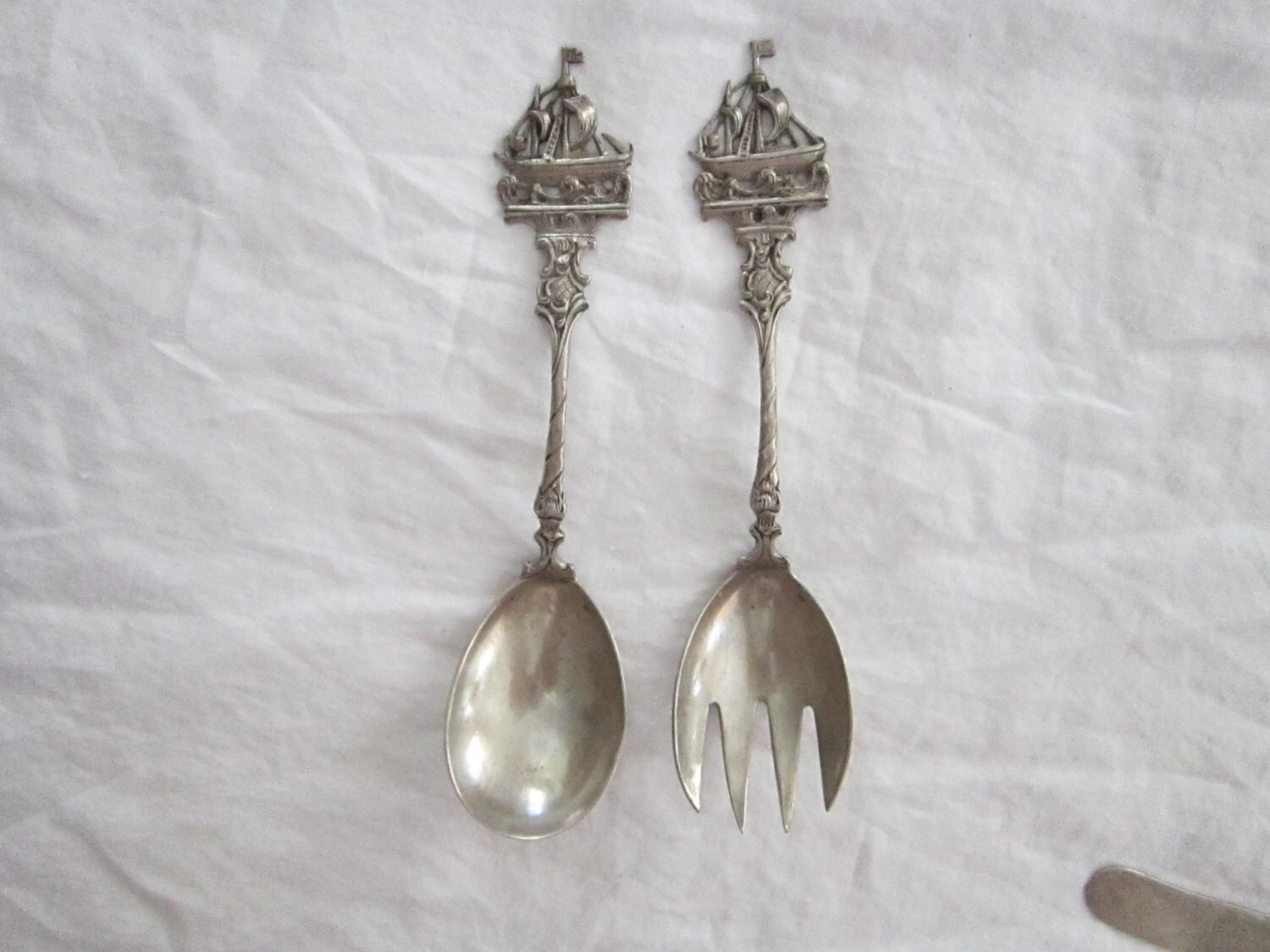 vintage 800 silver spoon and fork serving set figural ships, boats