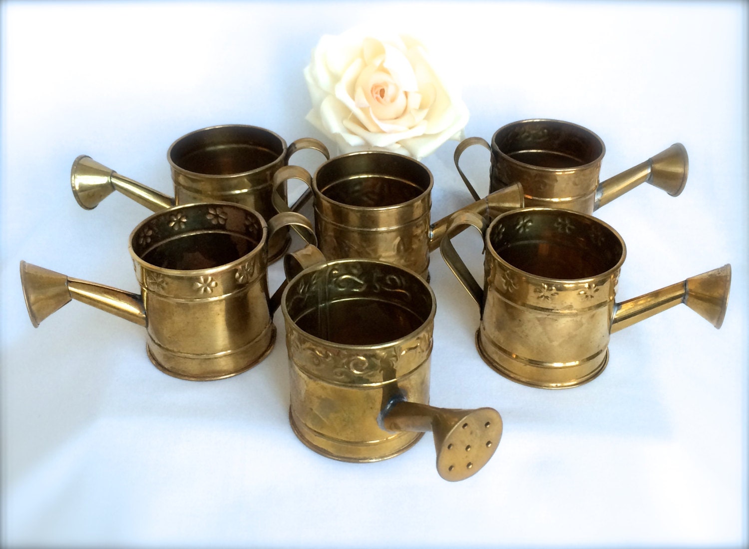 Brass Watering can lot of 6 miniature watering cans planters