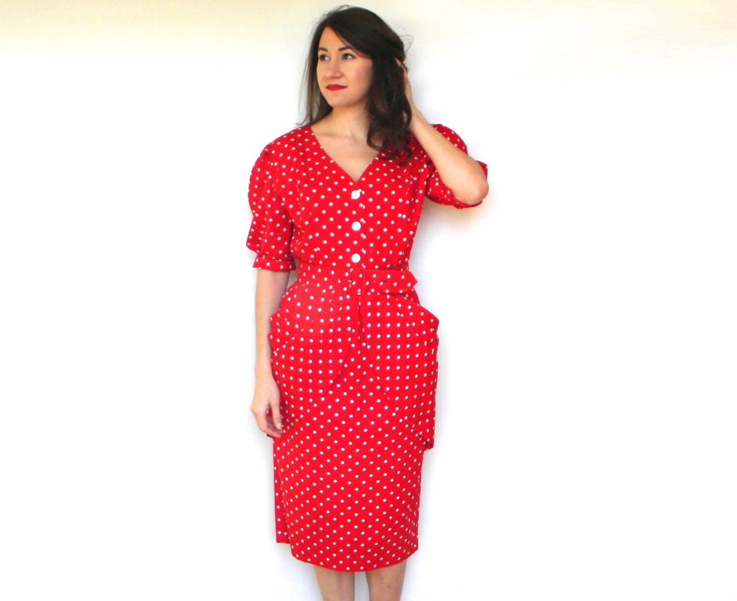 Vintage 80s Red Polka Dot Dress Peplum Dress by charlialana