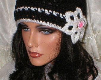 40%OFF SALE Crochet Womens Black Shimmer White Pink Rose Snow Flake Cloche Hat Beanie - il_340x270.729959925_3kkq