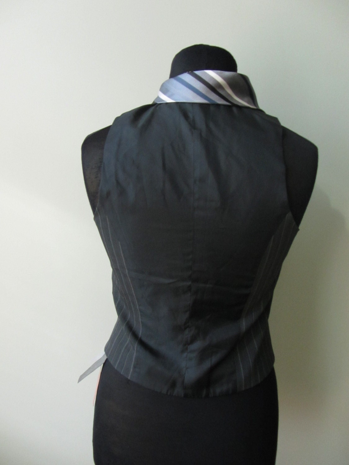 Gray Striped Waistcoat Upcycled Fitted Vest detailed with