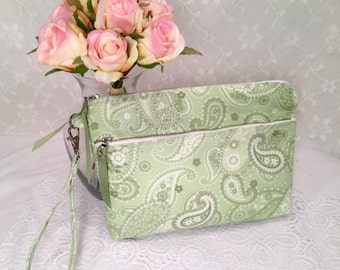Green paisley WRISTLET CLUTCH with metal zipper and zipper pocket, detachable strap , 6 x 9 inch clutch