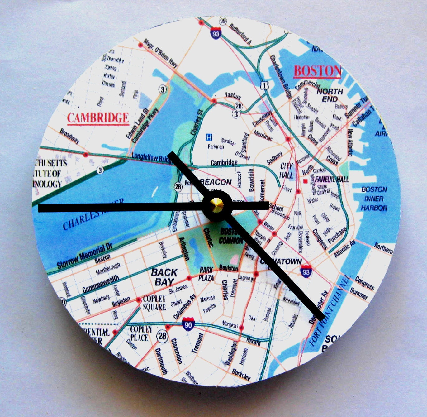 Clock made from a map of Boston. Wall clock.