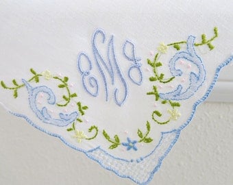 Corner Design with Color Embroidery Cotton Handkerchief with 3-Initial Monogram Style