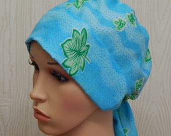 Aqua Blue Head Scarf with Loose Tie Tails, Pretty Womens Cancer Head Wrap, Surgical Scrub Cap for Women, Cancer Patients Head Covering Hat