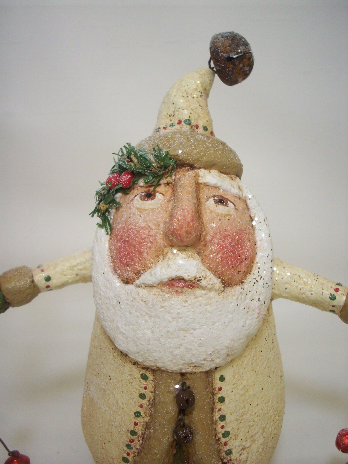 Primitive Paper Mache Folk Art Santa with Garland