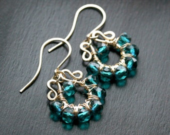 Teal dangle earrings, 14k gold filled, Czech glass beads, wire wrapped, drop hoop, beaded, dangle earrings, Mimi Michele Jewelry