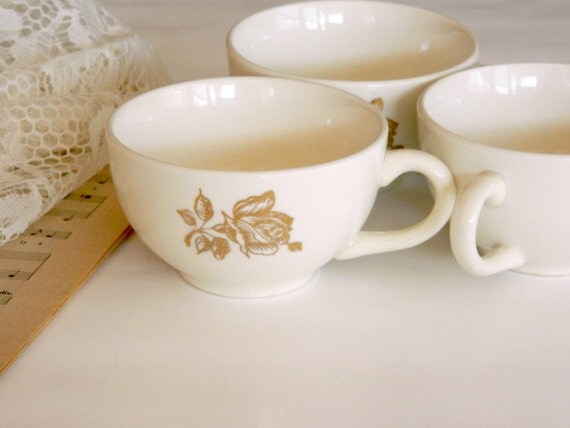 white Gold or  Creamy vintage White  Roses, cups with  Antique Vintage Orphan Cups White