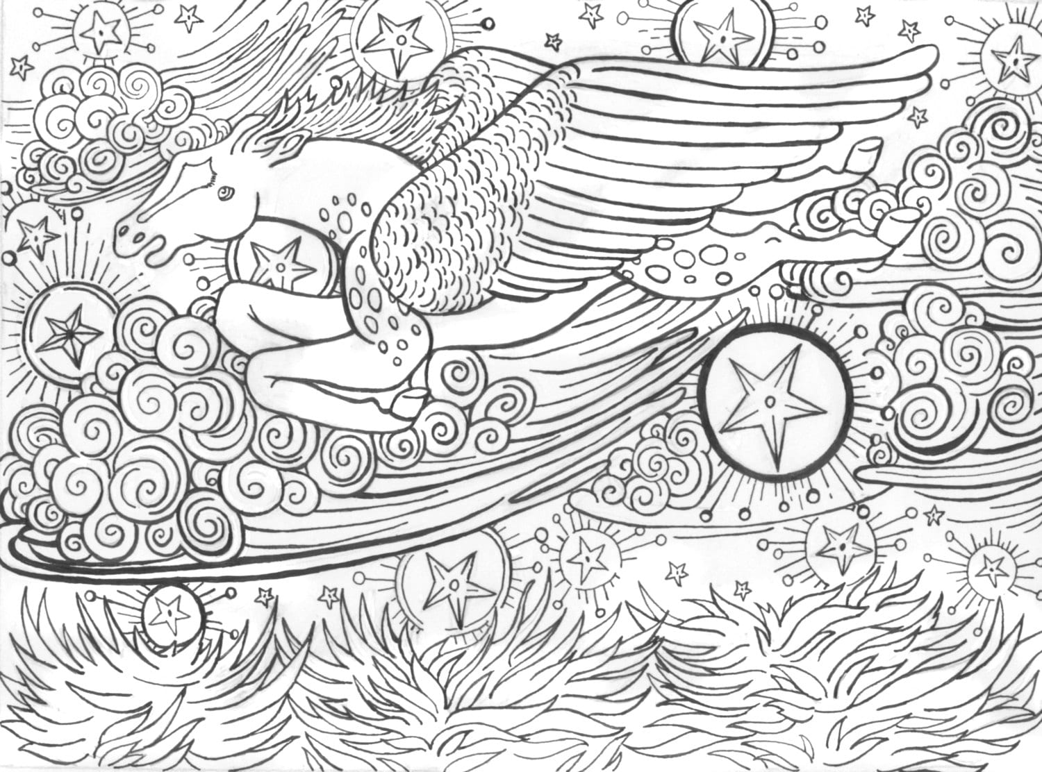 Download Coloring Book Page Winged Horse With Stars printable pdf